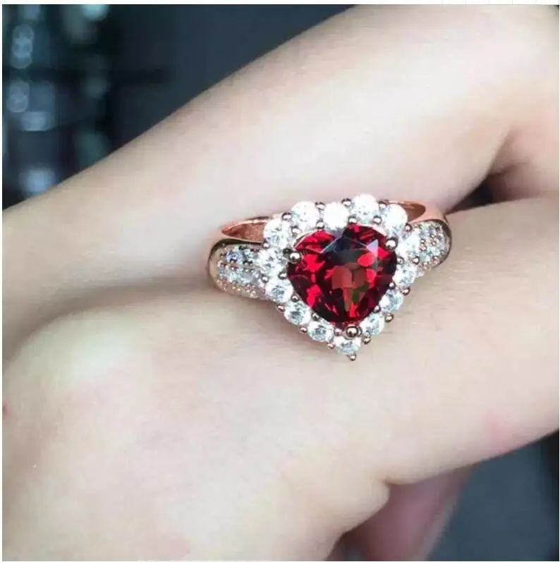 Love Heart Garnet ring Free shipping Natural real garnet ring 925 sterling silver Fine handworked rings 7mm