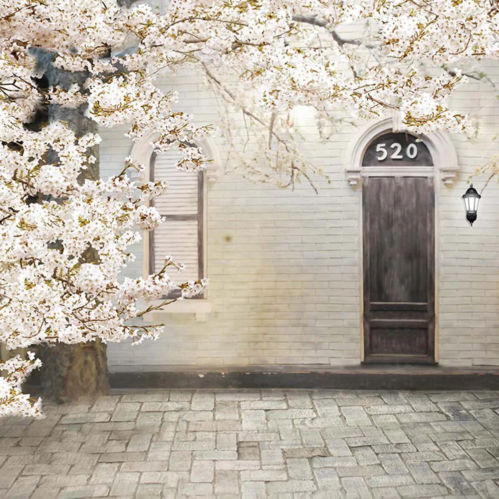 

Retro Wedding Photography Background Vinyl Printed White Flowers Tree Brick Wall Wood Door Spring Scenic Photo Studio Backdrops