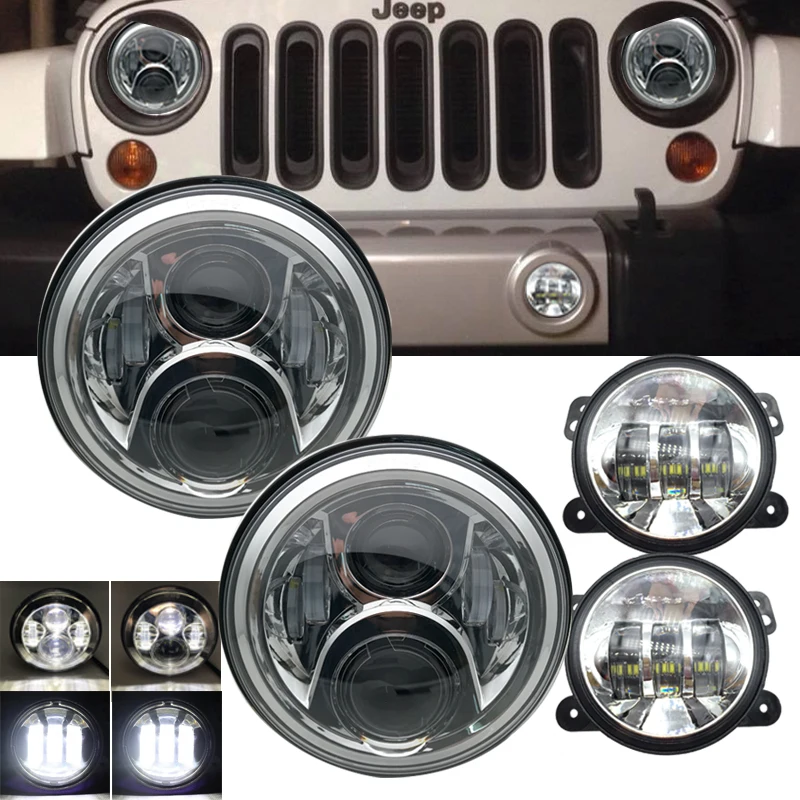 

(4pcs) 7inch DOT LED Headlights Projector 7" high low beam H4 H13+4inch 30w LED Fog Lights for Jeep wrangler Offroad Vehicles