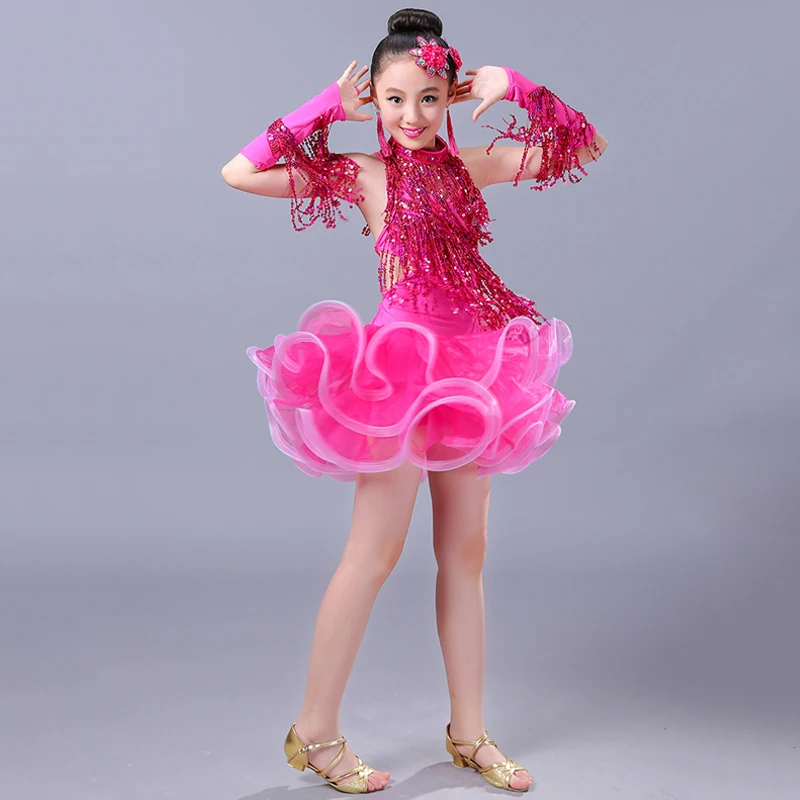 Kids Girls Sequin Fringe Latin Dance Dress For Girls Children Salsa For Competition Skirts Costumes Ballroom Dancing Dresses