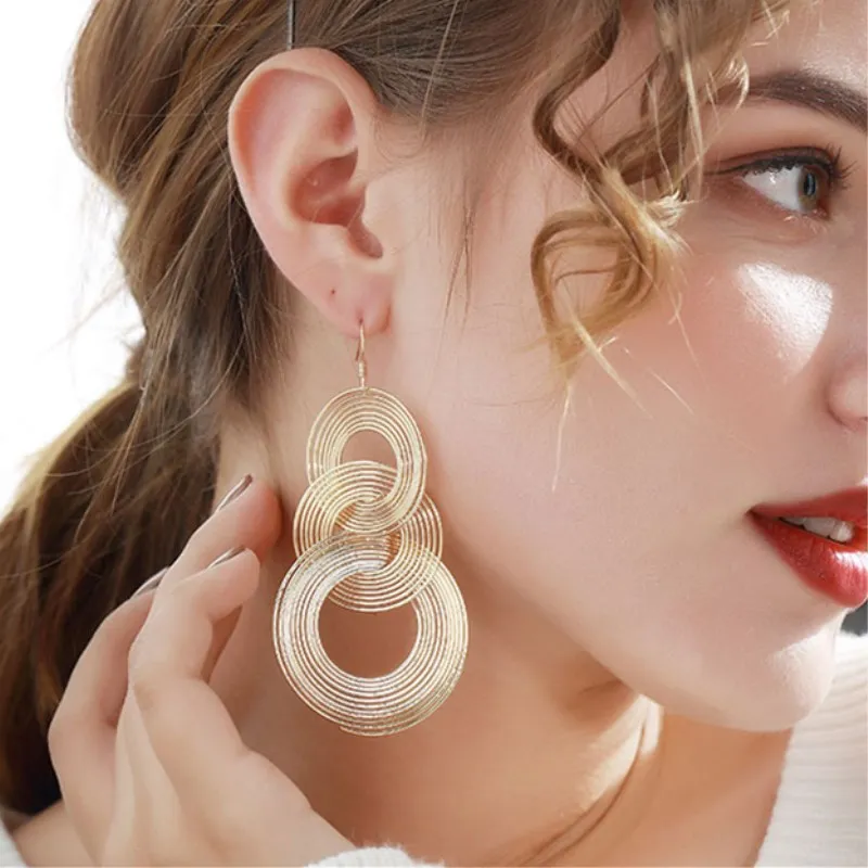 JIOFREE Punk Gold Color Big Geometric 3 Circle Long Clip Earrings For Women Bohemian Party Exaggerated Brincos Fashion Jewelry