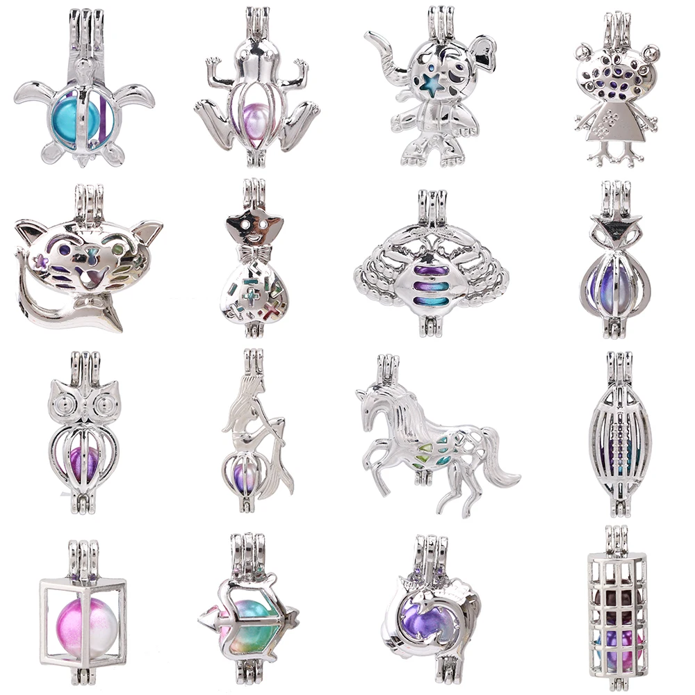 1pc Mixed Cuboid Turtle Frog Horse Mermaid Cat Owl Pearl Cage Bead Cage Pendant Essential Oil Diffuser Lockets Jewelry Making