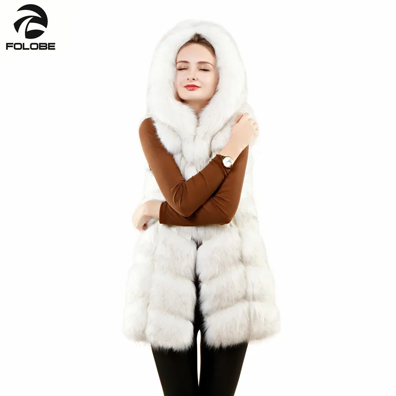 

FOLOBE Winter Faux Fur Coat For Women Natural Real Fur Vest With Hood Cap Long White Coats Outerwear Women's Jacket Clothing