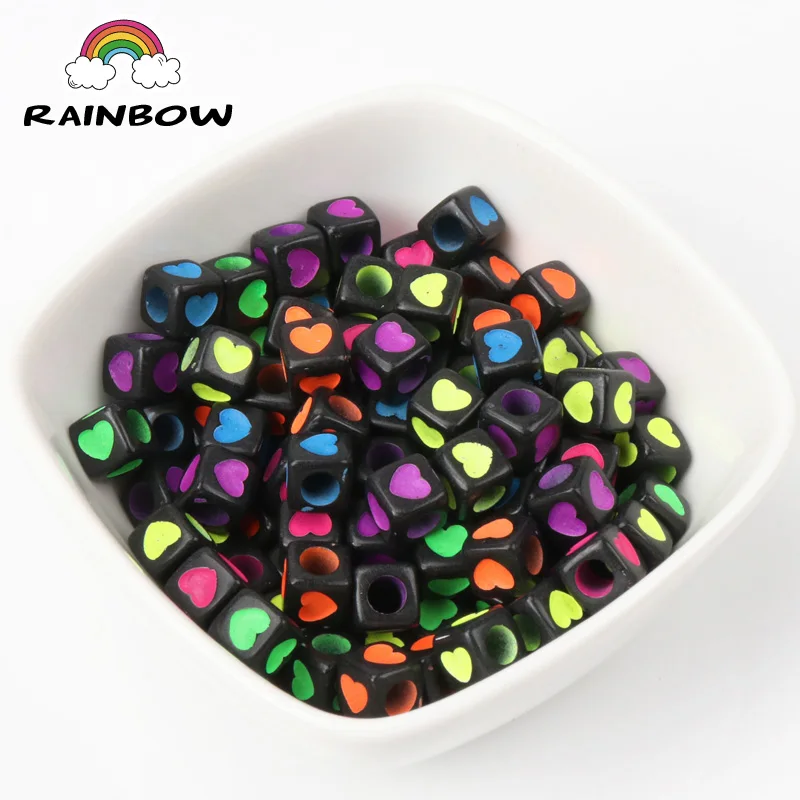 New Black Bottom Color Heart Pattern Acrylic Cube Beads For Jewelry making Accessory Decoration DIY 7mm 100Pcs YKL0227X-RH