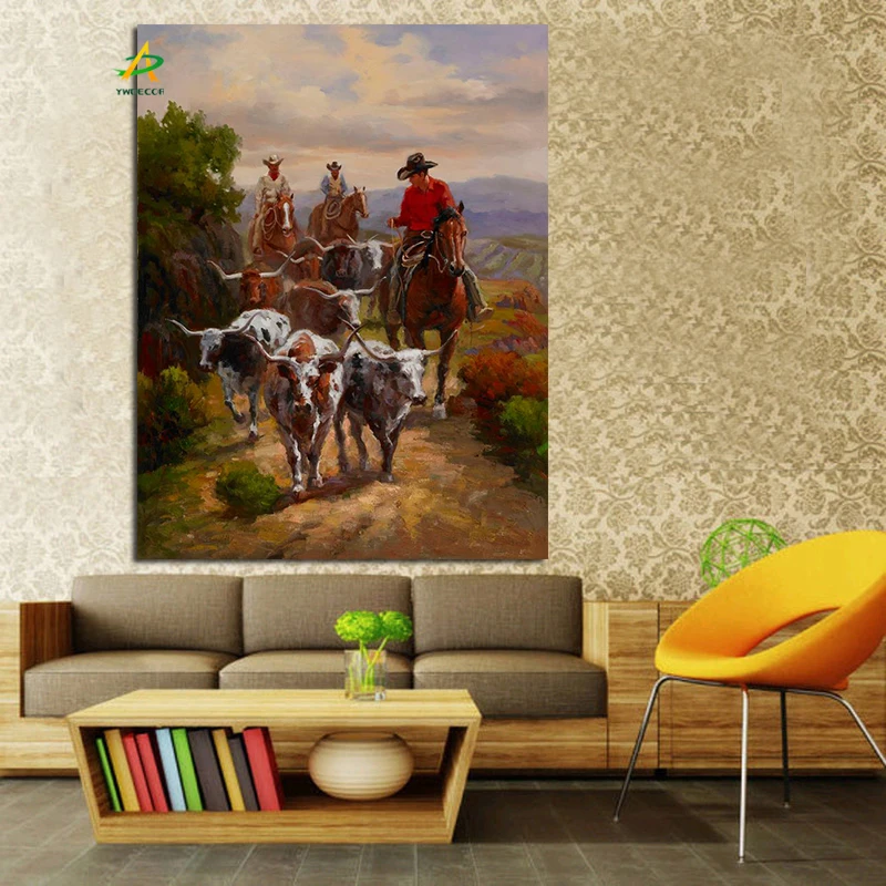 YWDECOR Cowboy Knight Herding the Cows Oil Painting HD Print on Canvas Pastoral Wall Painting Art Picture for Living Room Decor