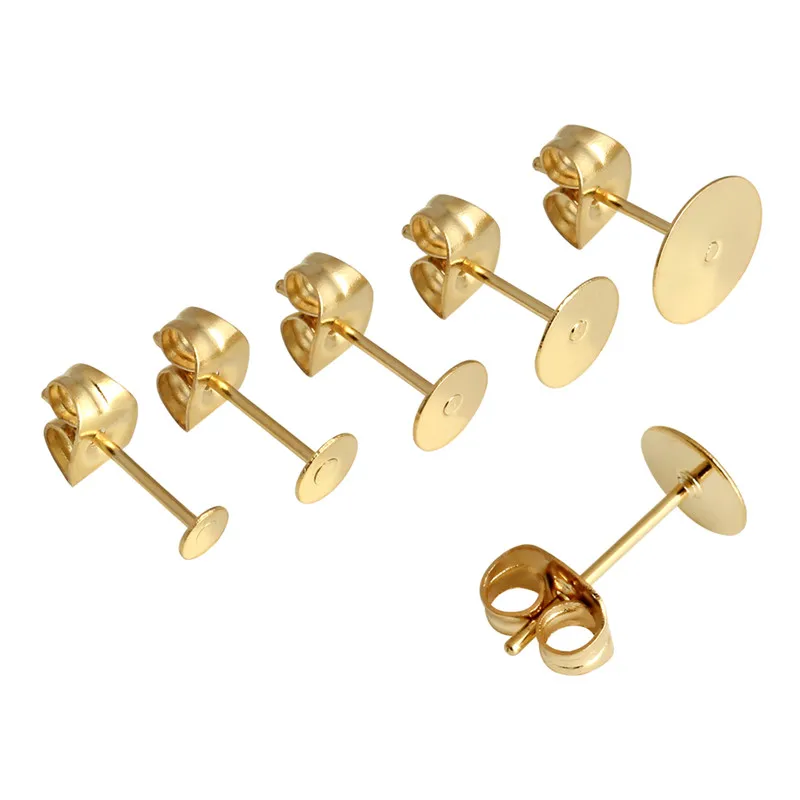 

Sauvoo 50pcs Stainless Steel Gold Color Blank Stud Earring Base Fit 3mm 4mm 5mm 6mm 8mm Cabochon Beads DIY Jewelry Making F5355