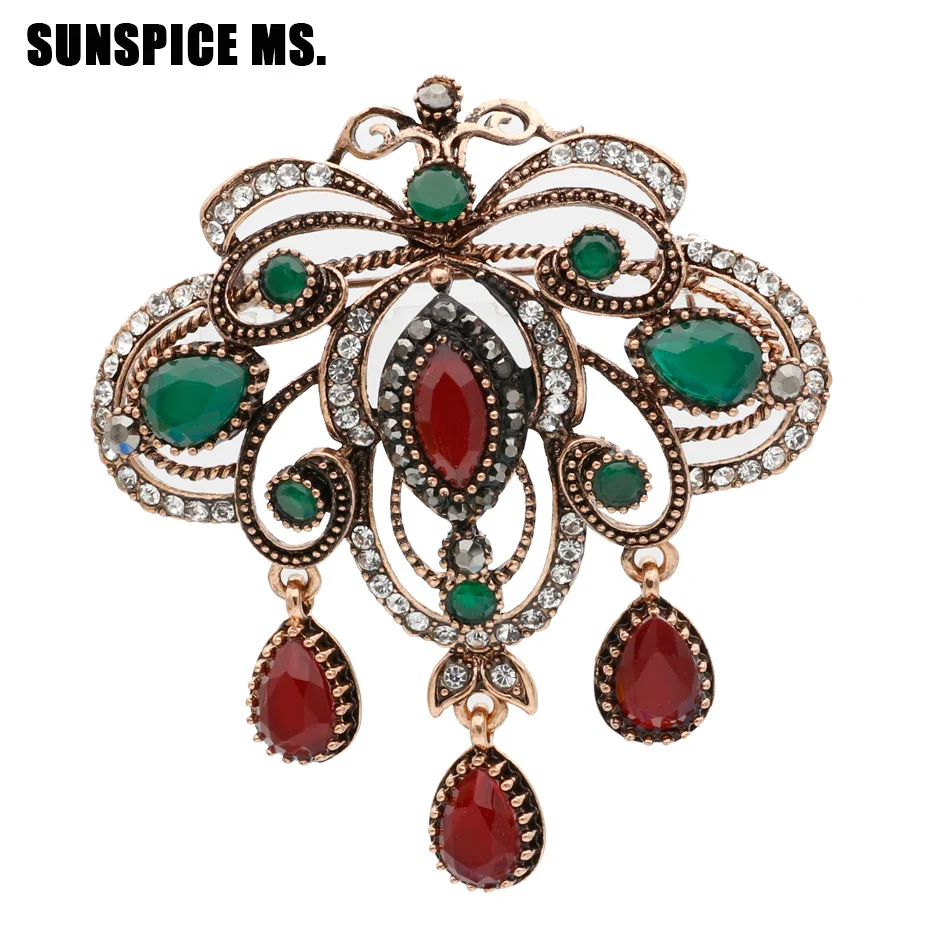 Vintage Turkish Women Hollow Flower Resin Brooch Pins Antique Gold Color Water Drop Pendant Brooches Indian Ethnic Party Jewelry