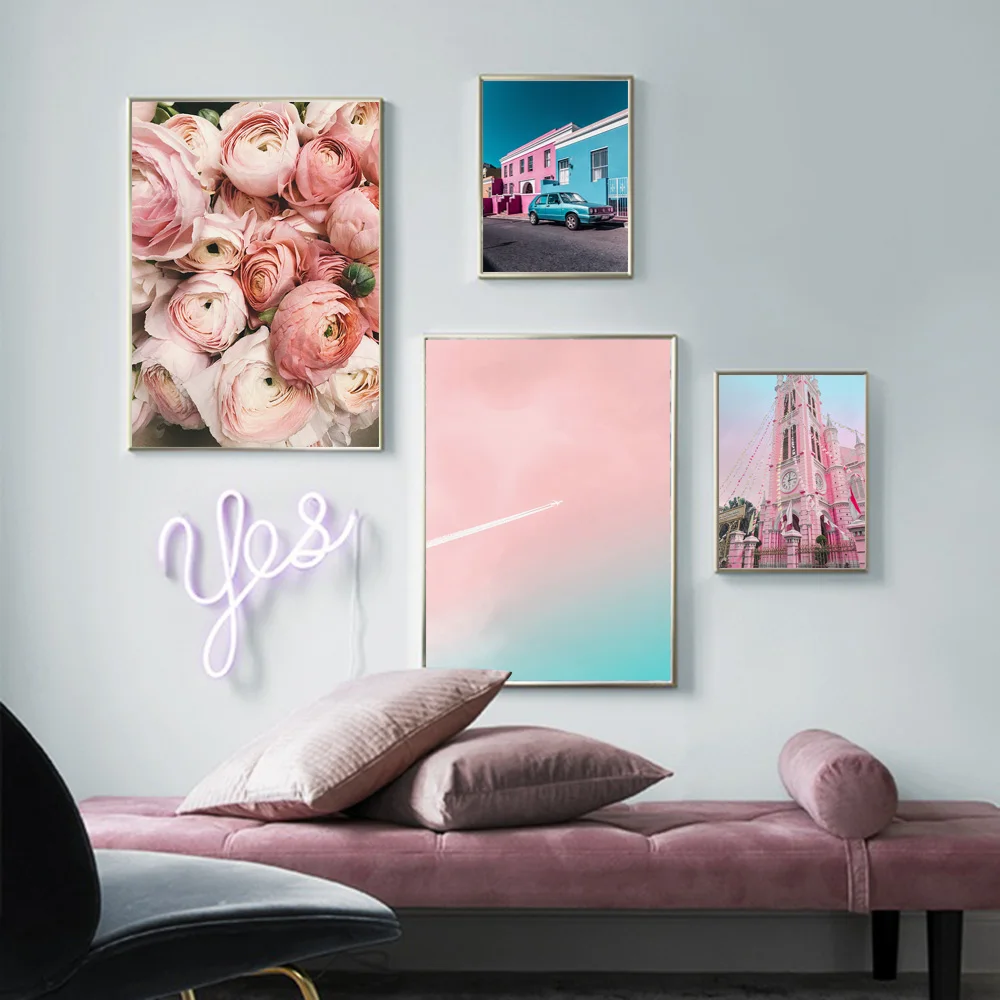 

Pink Sky Flower Church Car Quotes Wall Art Canvas Painting Nordic Posters and Prints Wall Pictures for Living Room Home Decor