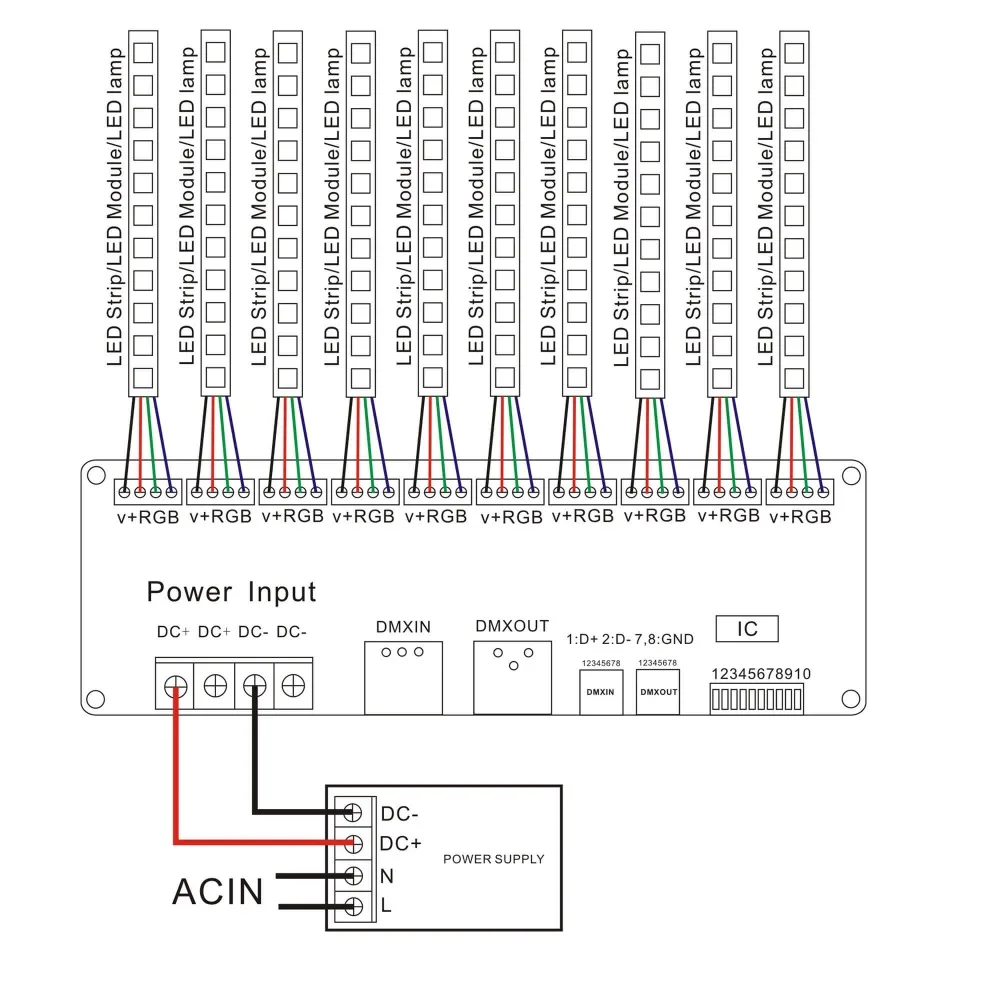 Decodificador DMX de 30 canales con enchufe RJ45 y XLR, decodificador de 27 canales DMX512 para controlador de tira RGB DC12V-24V, controlador de