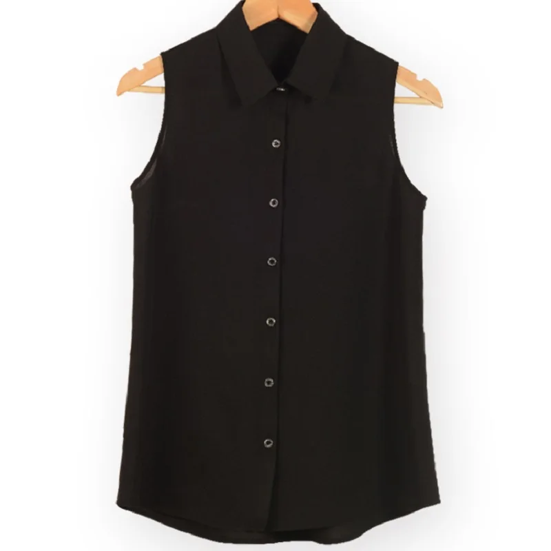 Women Turn-down Chiffon Blouse Summer Shirt Blusas Femeninas Solid Vest Tops Loose Sleeveless Thin And Light Chiffon Blouse