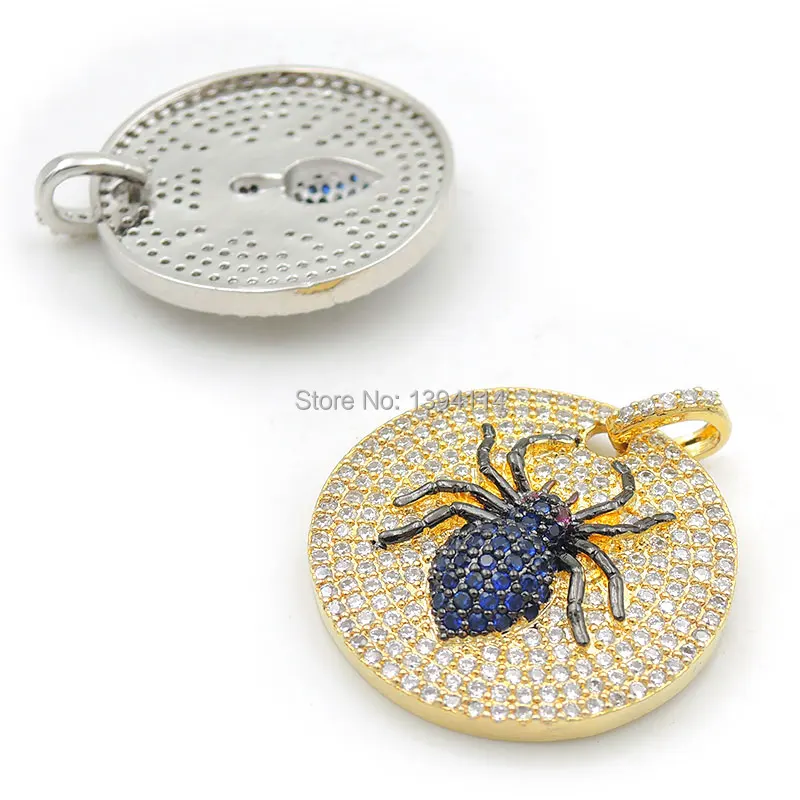 24*24*4mm Micro Pave Clear&Blue&Fuchsine CZ Round Charm With Spider Relief Fit For Women As Necklace Accessory