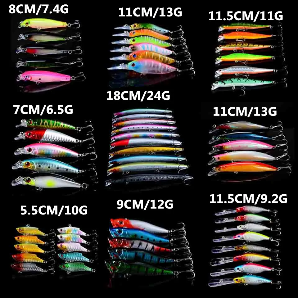 LINGYUE 60pcs/lot Fishing Luers Mixed 9 Models Hard Baits Artificial Plastic Minnow/VIB and Topwater Popper Bait Mix Wholesale