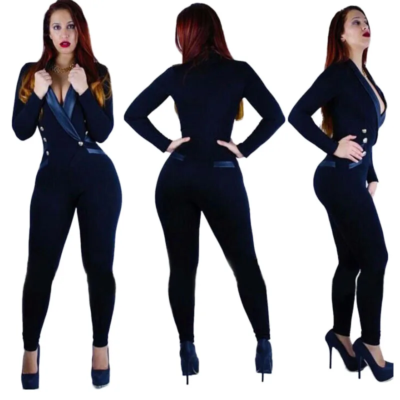 New Fashion Long Sleeve Buttons Cotton Sexy Celebrity Bandage jumpsuit for Women Club Skinny Bodycon Jumpsuit Rompers Playsuits