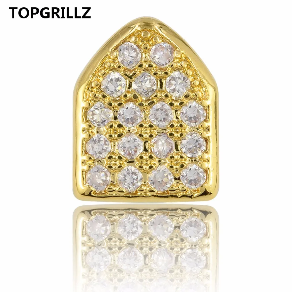 TOPGRILLZ Hip Hop Teeth Grillz Pure Gold Color Plated Single Cap Micro Pave CZ Cubic Zirconia Top Tooh Grills Bling Grill