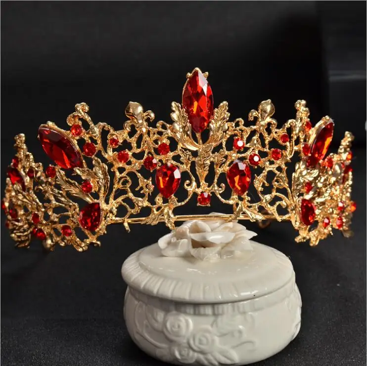 Baroque Gold Color Vintage Red Crystal Bridal Tiaras Wedding Hair Accessories Rhinestone Pageant Prom Crown for Bride Headbands