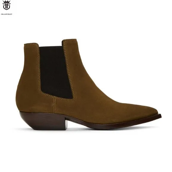 

Hot FR.LANCELOT Luxury Suede Brown Black Ankle Botines Zapatos De Mujer Low Heel Elastic band Chelsea Boots Dress Shoes Man