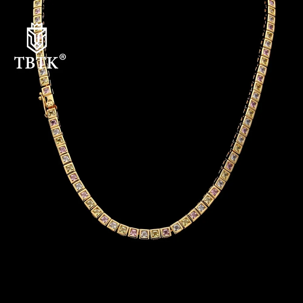 

TBTK One Row Paved Out Multicolor Crystal Squre Cubic Zirconia Luxury Jewelry For Man Heavy Punk Chain Necklace Hiphop Jewelry