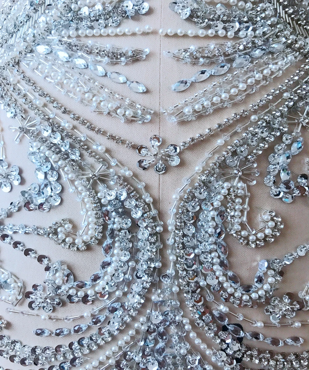 DHL free shipping Handmade rhinestones applique on nude mesh full body sew on crystal patches for wedding dress