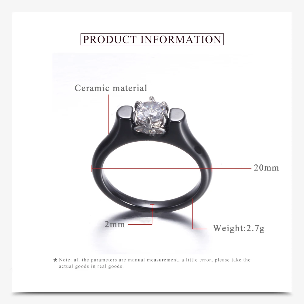 Black White Color Wedding Rings For Women Smooth Ceramic Bijoux Ring Clear AAA Cubic Zircon Engagement Rings