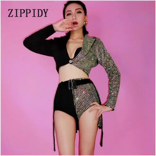 Fashion Sparkly AB Rhinestones Blazer  Skirt 2-Piece Clothing Set Dj Female Singer Nightclub Dance Stones Black  Costume