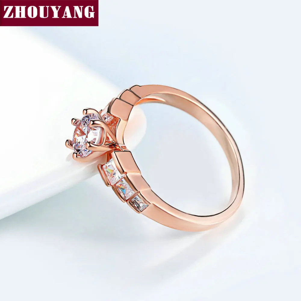 ZHOUYANG Wedding Ring For Women Rose Gold Color Six Claw Cubic Zirconia Round Cut Engagement Party Gift Fashion Jewelry R680