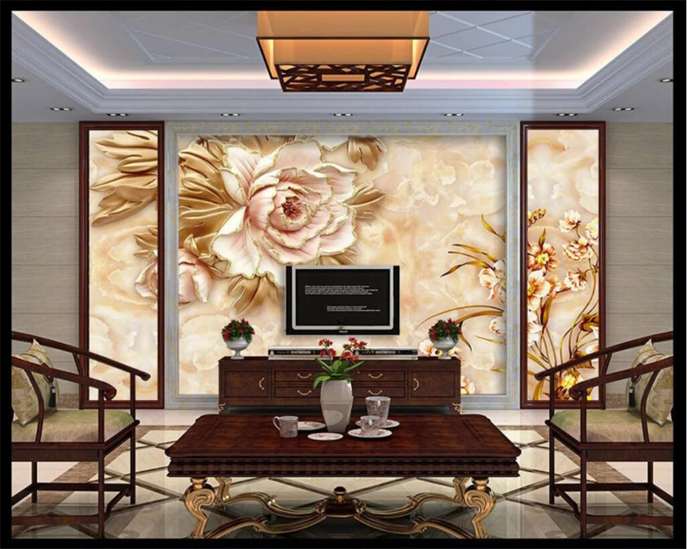 

beibehang Custom Wallpaper Peony Relief Background Wall Marble Floral Mural Jade Texture TV Sofa Background Mural 3d wallpaper