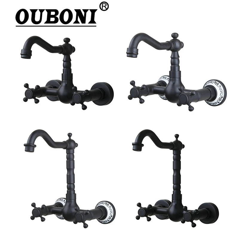 OUBONI Wall Mounted Oil Rubbed Black Bronze Bathroom Faucet Rotated Bathtub Basin Sink Faucet Mixers &Taps Doubel Handles