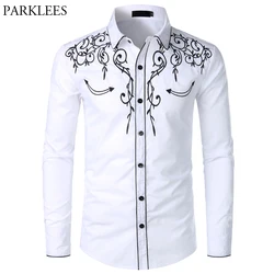 Camisa de vaqueiro ocidental masculina, camisa elegante bordada slim fit de manga comprida, camisa masculina com botão de design de marca para festa de banquete