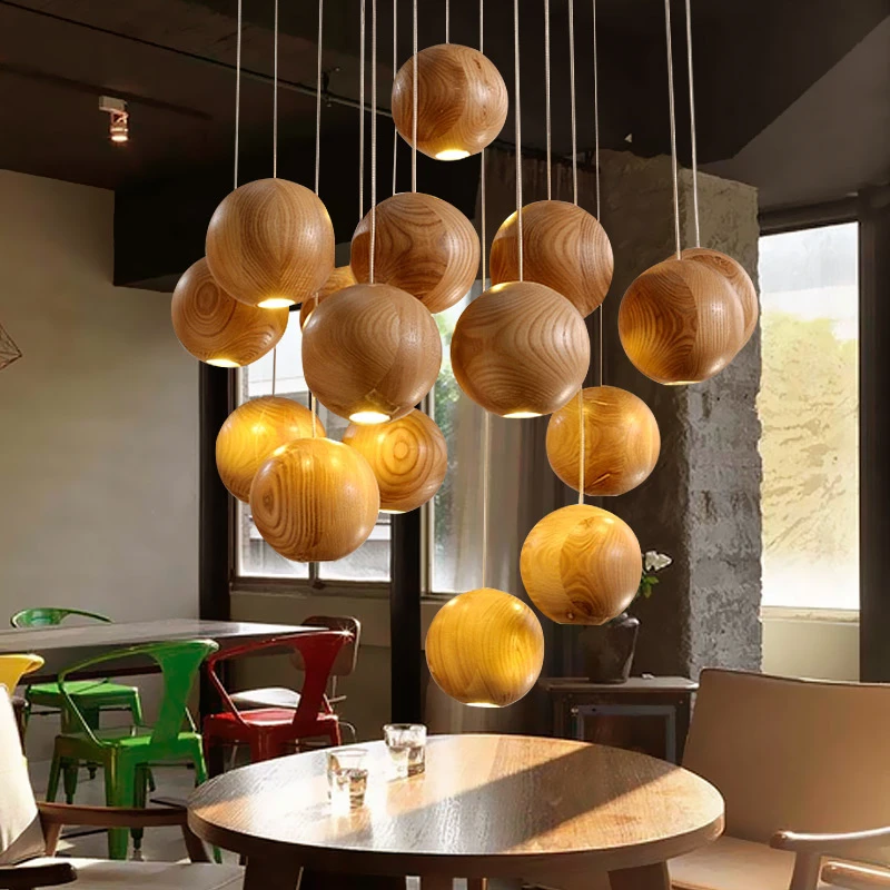 Natural Source Pendant Lights Nordic American Hanglamp Log Restaurant Bar Round Ball LED Solid Wood Luminaire Suspendu