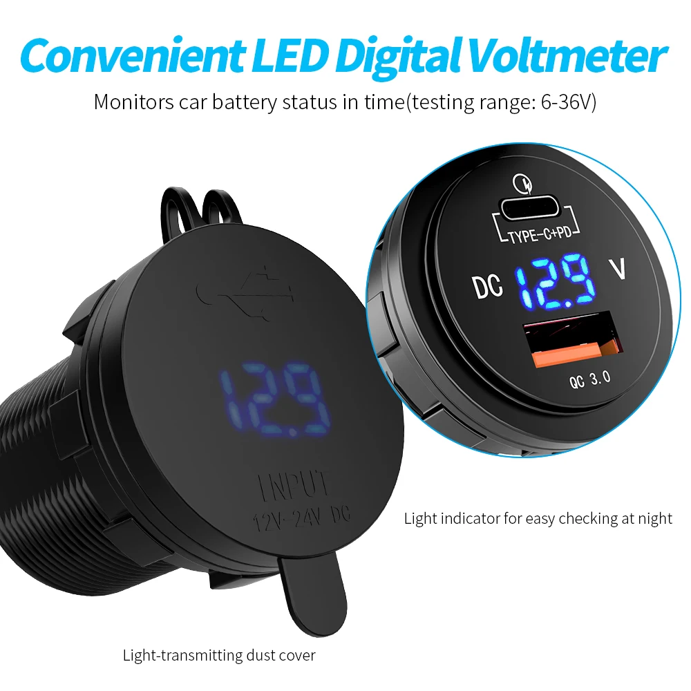 MICTUNING 36W Fast USB-C Car Charger USB Quick Charge PD QC3.0 Type C Socket W/ LED Digital Voltmeter Universal Power Outlet