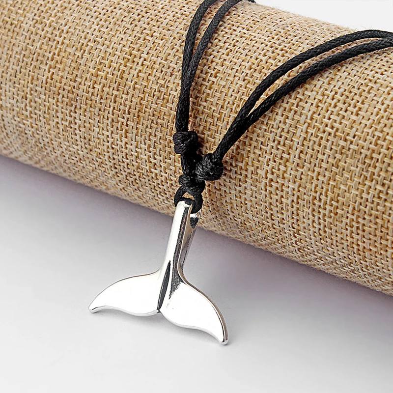 1pcs Fashion Tibetan Silver Whale Tail Charm Pendant Necklace With Black Wax Cotton Cord Necklace Adjustable Handmade Jewelry