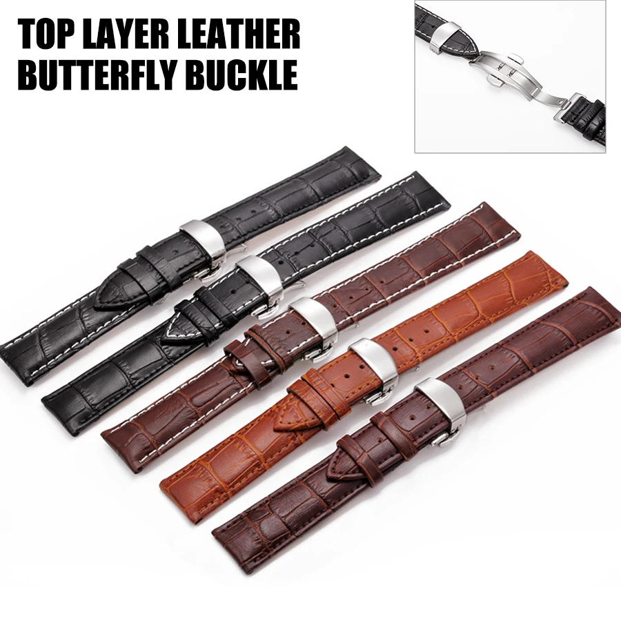 

High Quality Genuine Leather Watchband Butterfly Buckle Bands Slub Grain Cowhide Strap Accessories 12 14 16 18 19 20 21 22mm