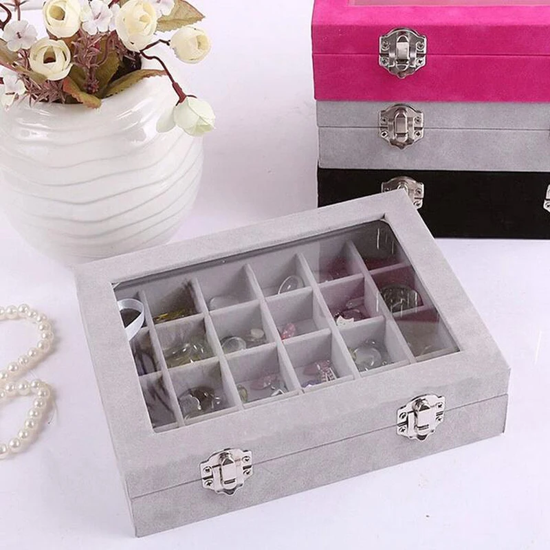 Hot selling many Color Options 24 Grids Ring Box Jewelry Earrings Necklaces Makeup Case Choker Organizer Women Jewellery Storage