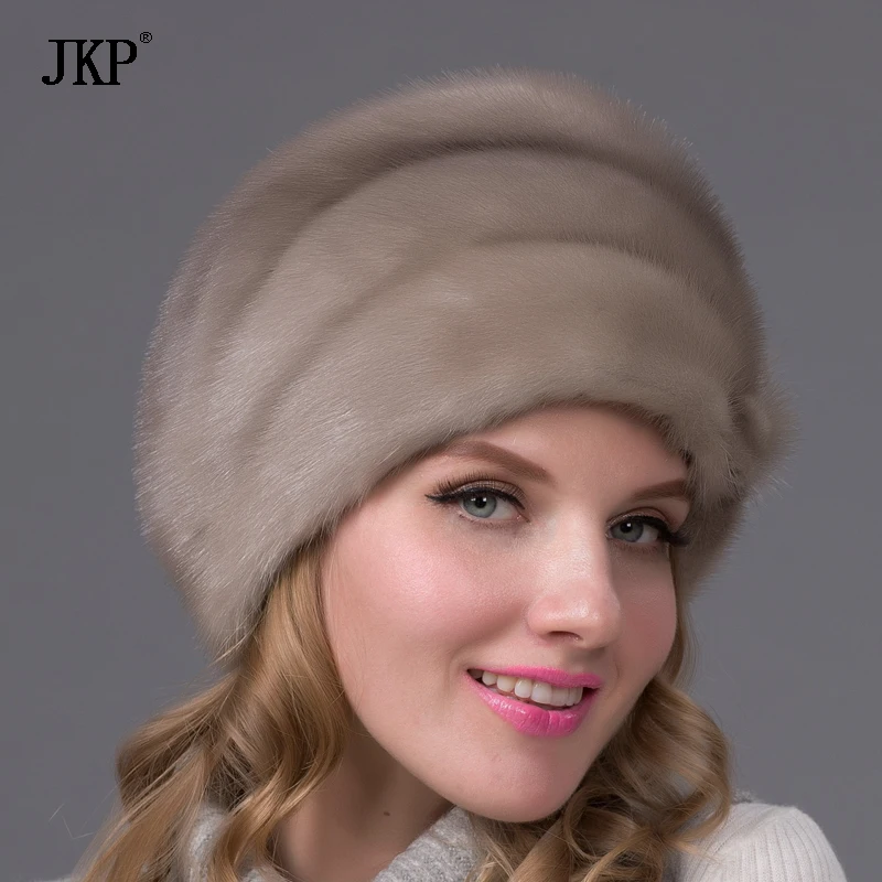 JKP Genuine Real Natural Whole Fur Mink Fur Hat New Russia Lady Women Winter warm Ear Protection Casual Floral Visors Caps