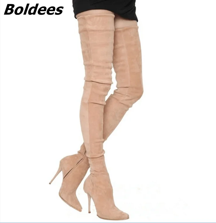 Simply Beige Suede Over Knee High Boots Fancy Women Pointed Toe Slim Fit Thigh High Boots Celebrities Stiletto Heels