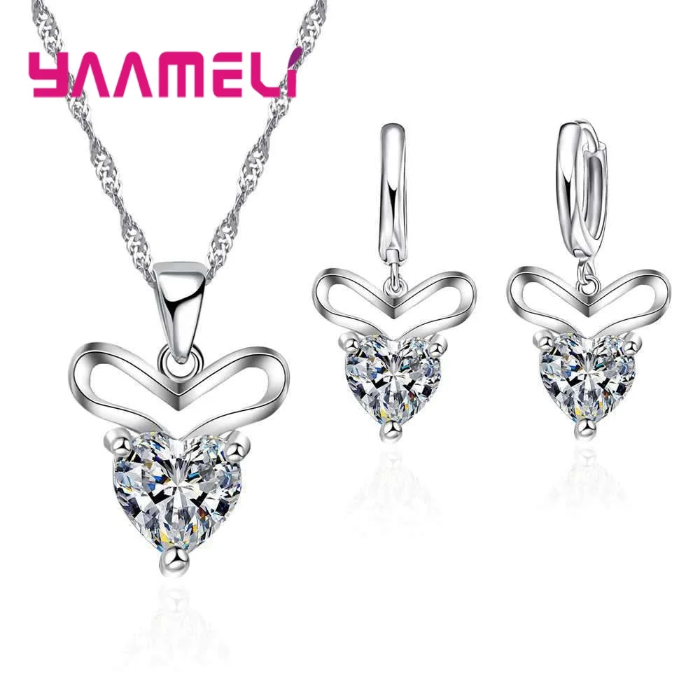 Hot Sale Women Engagement 925 Sterling Silver Jewelry Sets With Heart Austrian Crystal Charm Pendants Necklaces Earring Set Lady