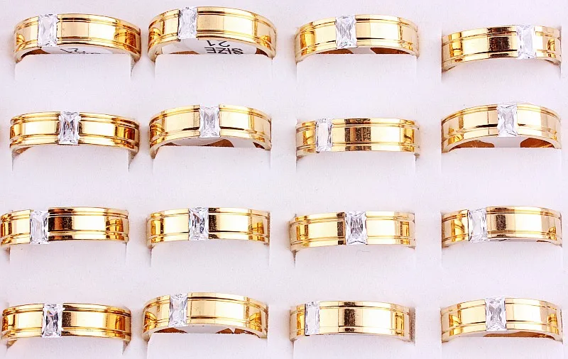 Wholesale 5Pcs 6MM Gothic 316L Stainless Steel Crystal Rhinestone Golden Ring School Birthday Men Women Wedding Valentine Gift