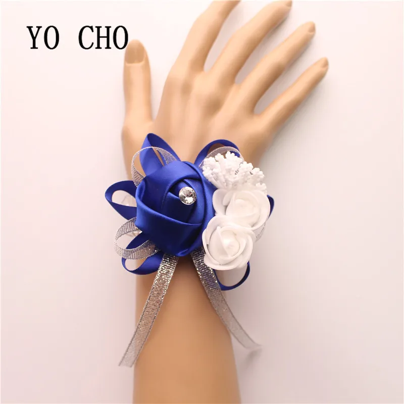 YO CHO 10pc Bridal Hand Flower Wedding Decoration Mariage Rose Wrist Bracelet Silk PE Artificial Brides Bridesmaid Wrist Flower