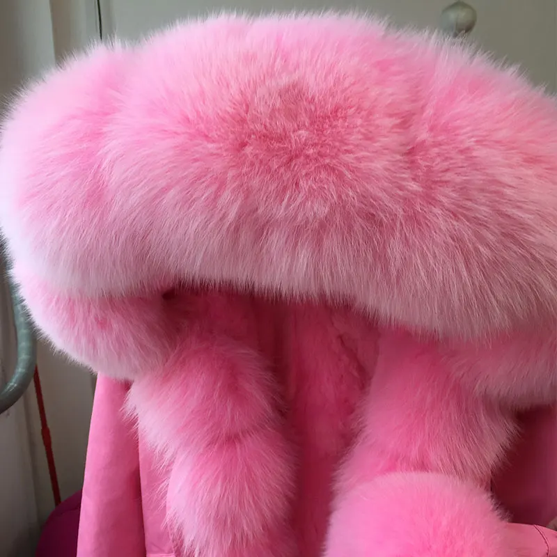 MAOMAOKONG Brand Long Winter Jacket Women Outwear Thick Parkas Natural Real Fox Fur Collar Coat Hooded Pink Female Clothing