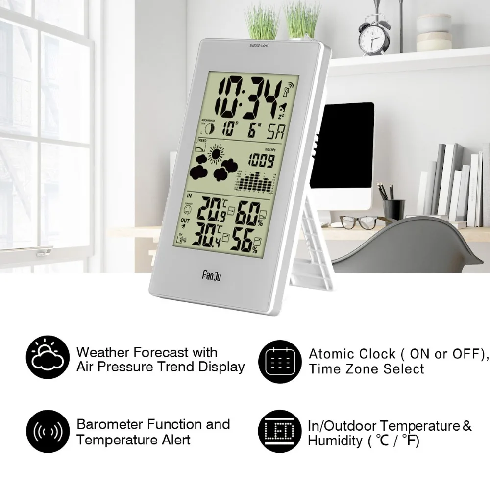 FanJu Weather Station Digital Alarm Wall Clock Temperature Humidity Wireless Outdoor Sensor Thermometer Hygrometer desktop clock