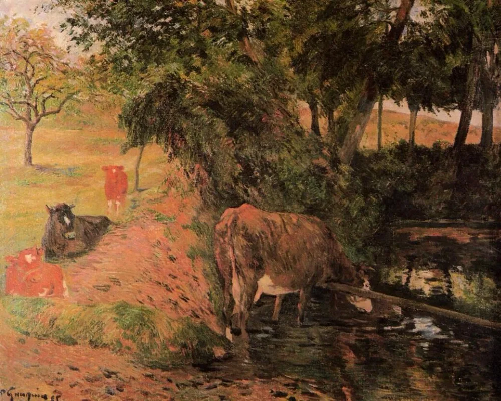 

High quality Oil painting Canvas Reproductions Landscape with cows in an Orchard (1885) by Paul Gauguin hand painted