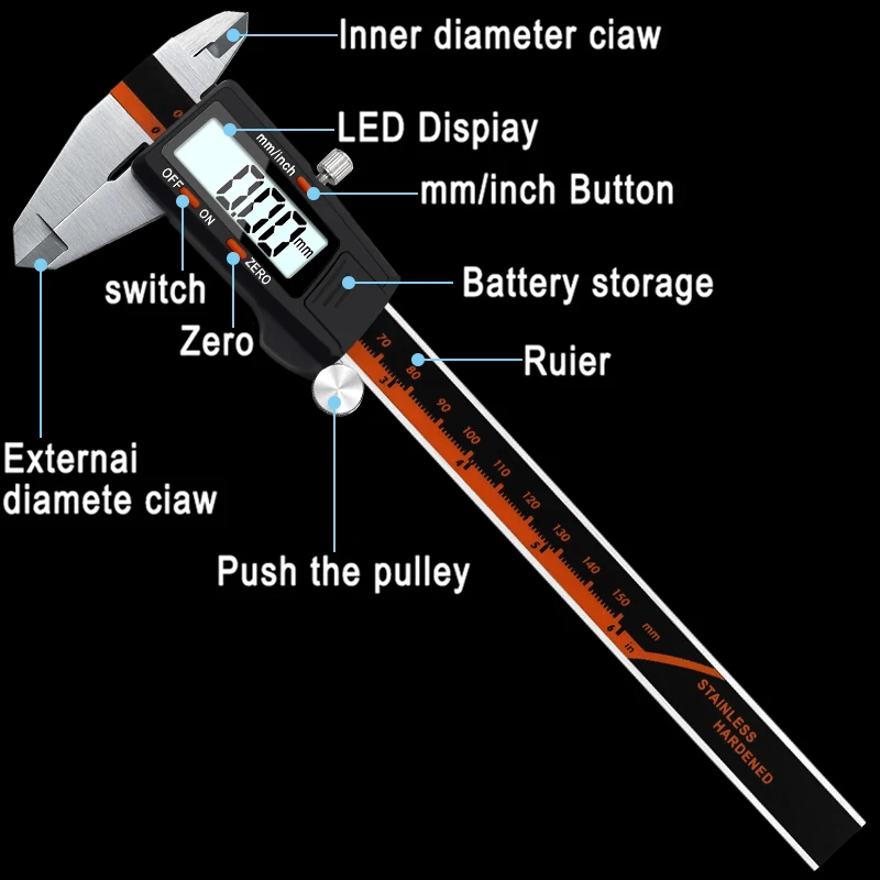 Digital Vernier Caliper 6 Inch 0-150mm Stainless Steel Electronic Caliper Micrometer Depth Measuring Tools