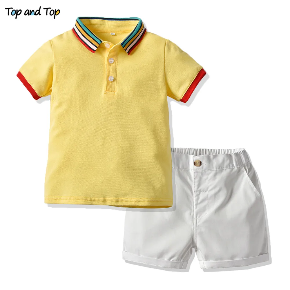 

Top and Top Summer Toddler Baby Boy Cotton Gentleman Short Sleeve Rainbow Striped Tshirt+Shorts Casual Clothing Set Dropshipping