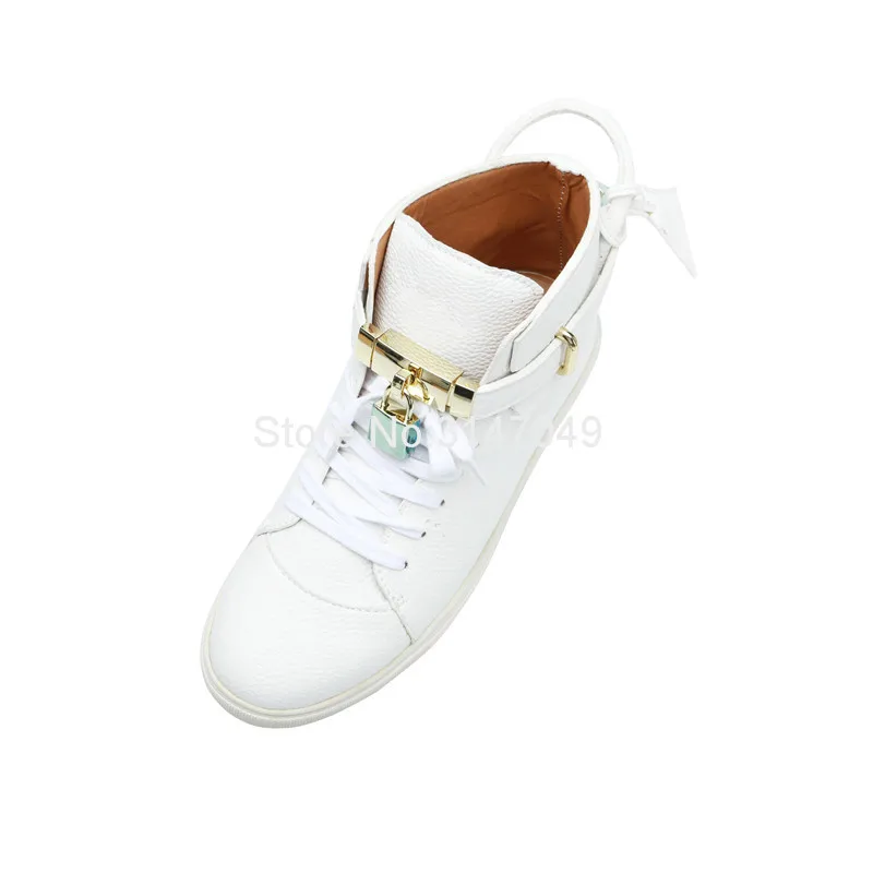 Fashion White Hip Hop Shoes Men Sneakers Lace Up Metal Lock Leather Casual Shoes Men Solid Waterproof Moccasin Shoes New Arrival