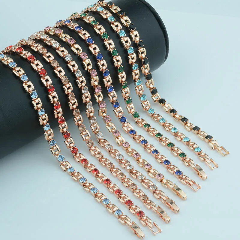 New 4mm Red/Green/White Stone Women 585 Rose Gold Color Bracelets Fold Over Clasp Hand Chain