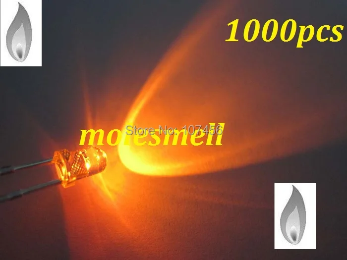 free shipping 1000pcs 3mm Orange Candle Light Flicker Ultra Bright Flickering orange LED Leds 3mm water clear candle led