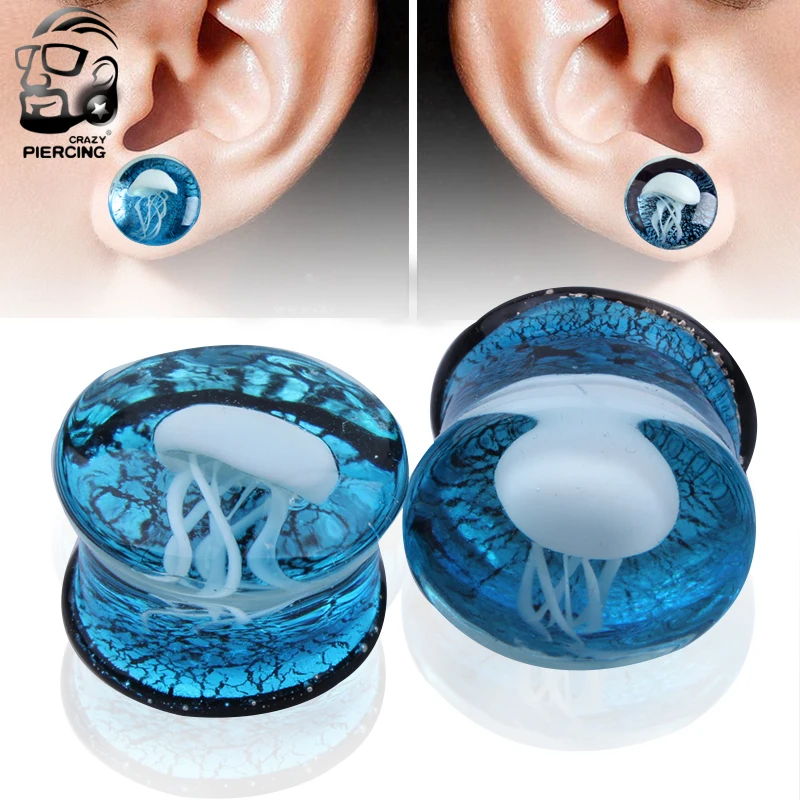 8mm-16mm Blue Translucent Glass Earrings White Jellyfish Logo Ear Plug Tunnel Ear Stretcher Expander Body Jewelry Fashion Oreja