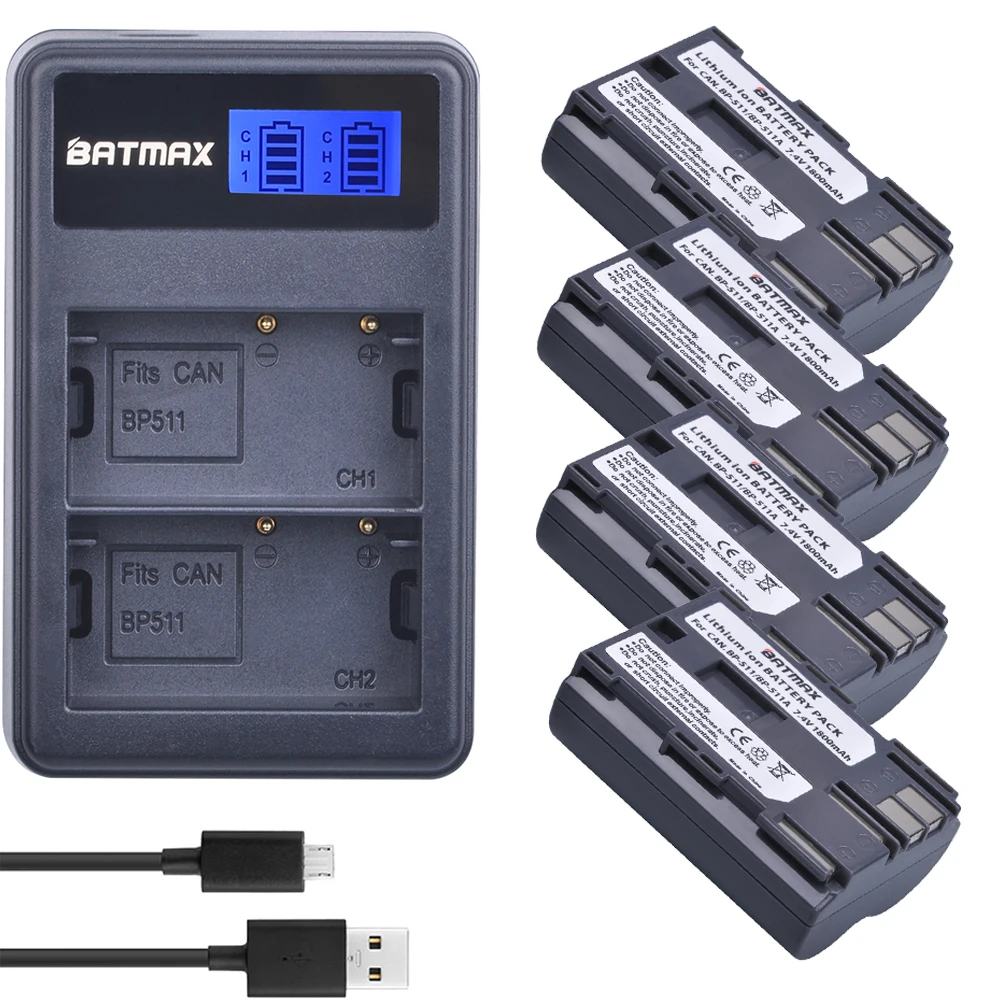 

Batmax 4PCS BP-511A BP-511 Camera Li-ion Battery + LCD USB Dual Charger for Canon EOS 5D 50D 40D 20D 30D 10D 1D D60 300D D30 G6