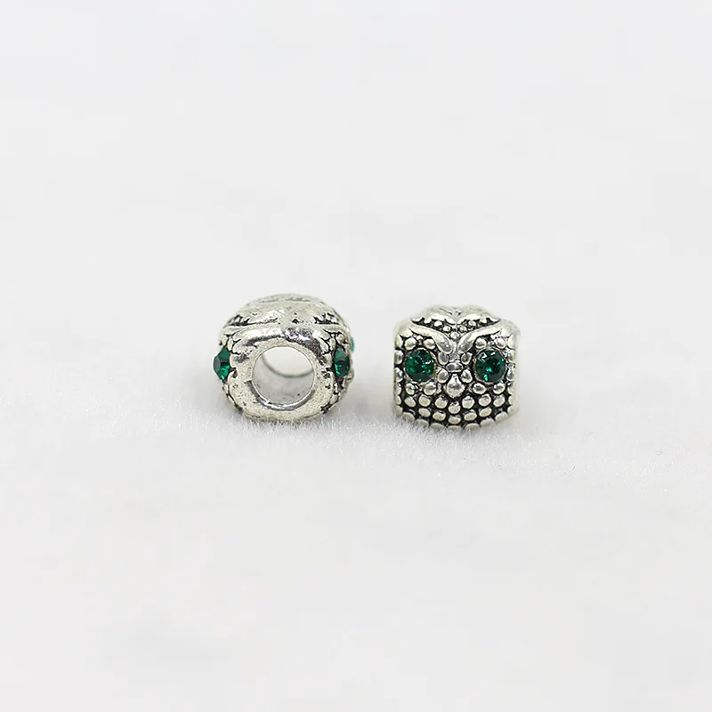 925 silver Alloy Beads hole green eyes owl ancient silver beaded 5mm Big hole Beads European Charm bracelet necklace DIY