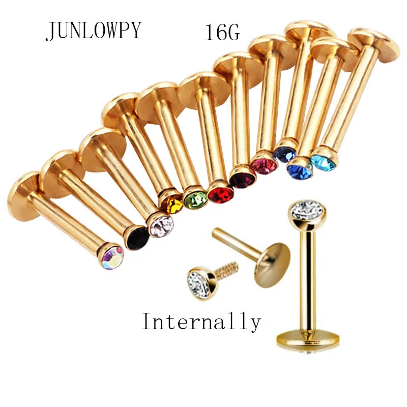 16G(1.2mm) Gem Internally Threaded Labret Monroe Lip Bar Ring Body Jewellery 100pcs/lot 10 color lip rings Black Gold Silver
